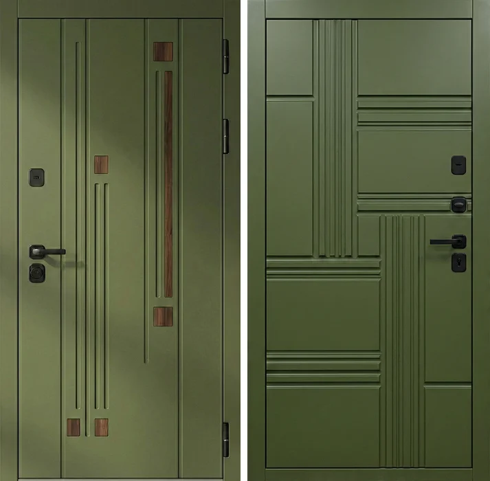 Стальная оливковая дверь с геометрической фрезеровкой №297