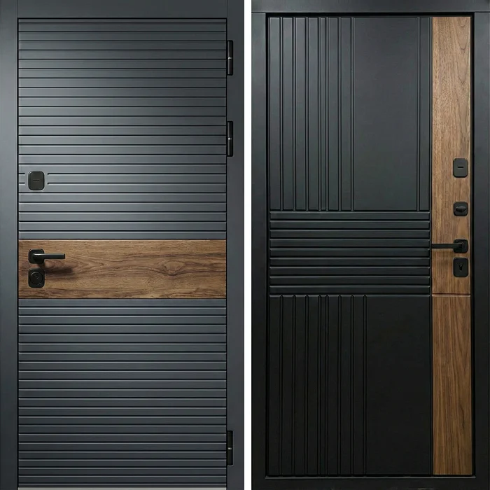 Входная дверь графит с рейками и вставкой под дерево №346