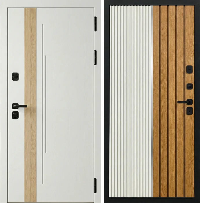 Стальная дверь белая с реечной отделкой и дубом №287