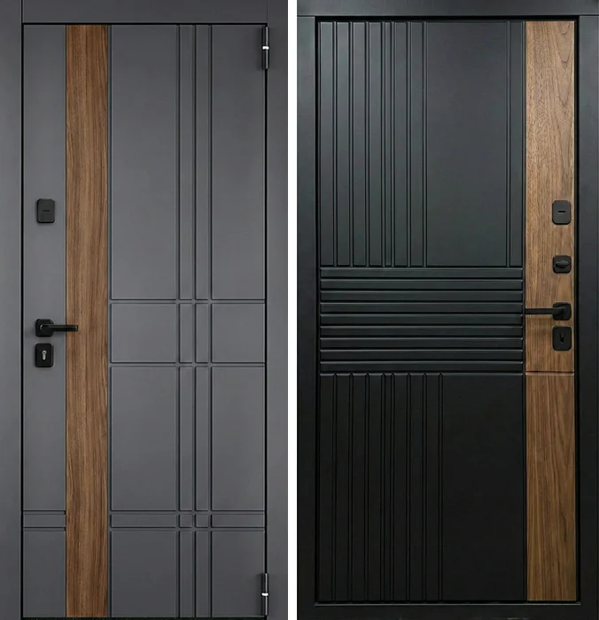 Железная дверь антрацит с рейками и отделкой под дерево №240