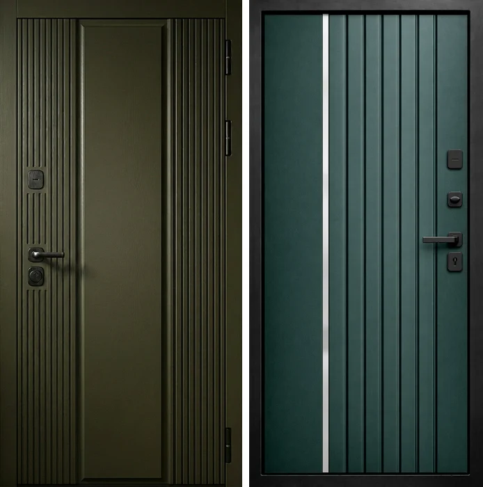 Стальная зелёная дверь с вертикальными линиями №215