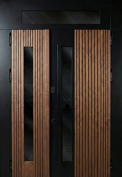 Стальная дверь чёрная с реечной МДФ-панелью с остеклением и фрамугой №111