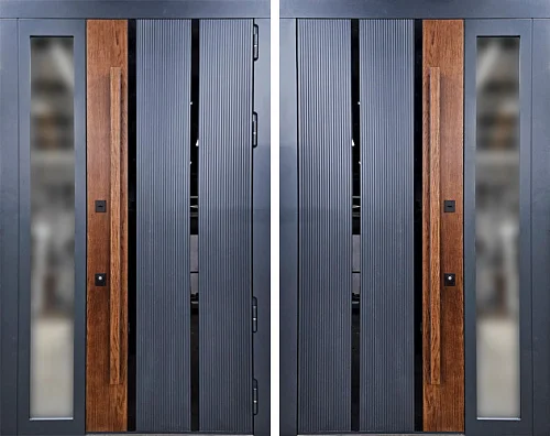 Двухстворчатая входная дверь синего цвета №29