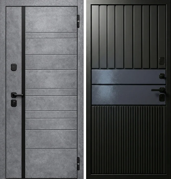 Железная дверь в сером бетоне и чёрном рифлении №259