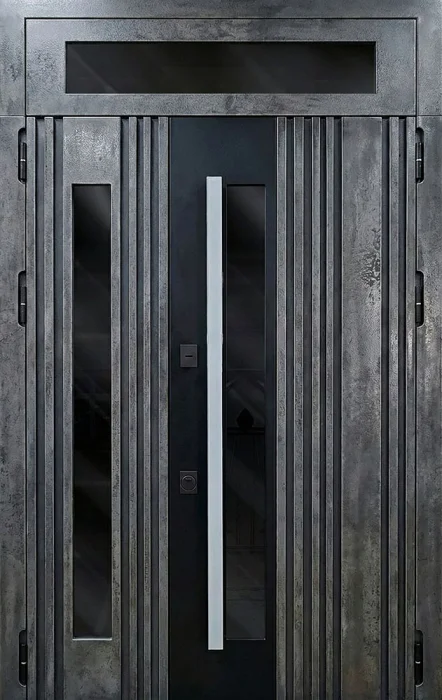 Стальная дверь графитовая с рельефными полосами и остеклением №116