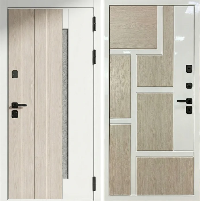 Входная дверь белая с остеклением и светлым дубом №280