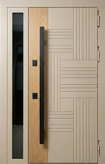 Входная бежевая дверь с боковым стеклом и дубовой вставкой №130