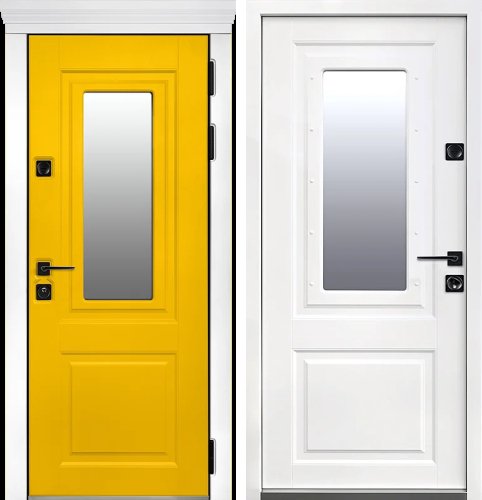 Жёлтая входная дверь с белыми наличниками дизайнерская №2