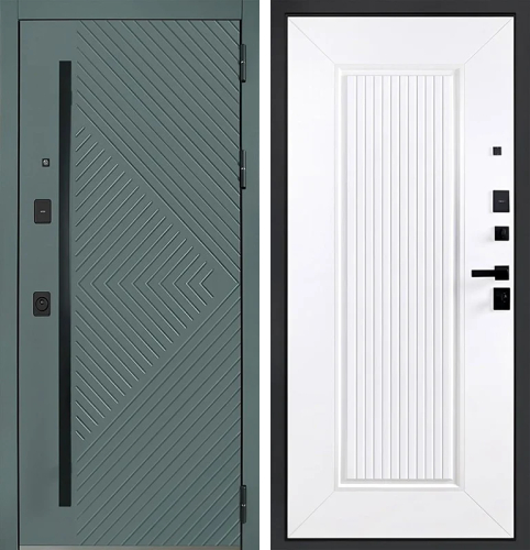  Дверь входная для дома зеленого цвета с бугельной ручкой №7