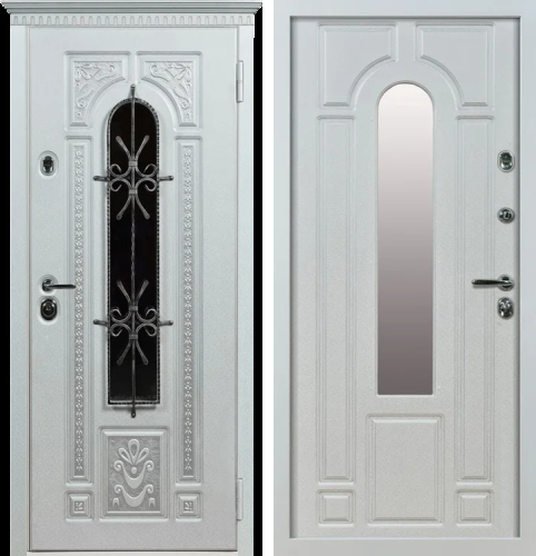 Белая металлическая входная дверь со стеклом и ковкой №11